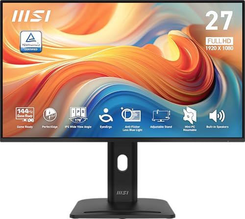MSI PRO MP275PG E14 27インチ IPS 1920 x 1080 (FHD) ゲーミングオフィスモニター 144Hz Free-Sync HDMI DisplayPort VGAポート VESAマウント可能 チルトスピーカー 4面スリムベゼル 1ms ブラック