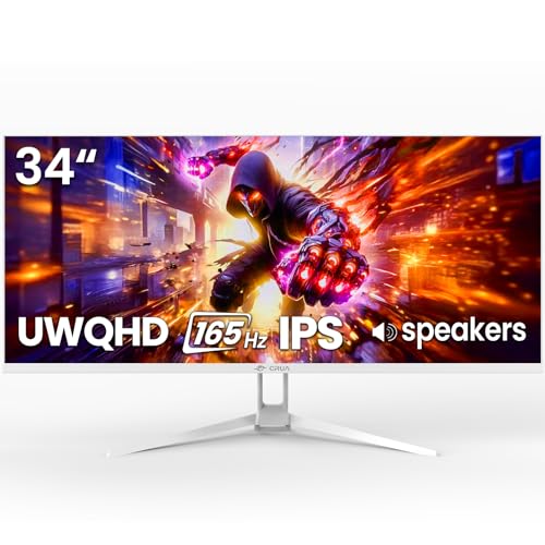 CRUA 34インチ ホワイト ゲーミングモニター 165HZ/144HZ、WQHD(3440x1440P) IPSウルトラワイドスクリーンコンピューターモニター スピーカー内蔵、FreeSync、120%sRGB、HDMI 2.0& DP 1.4対応 壁取り付け可能 CR340D