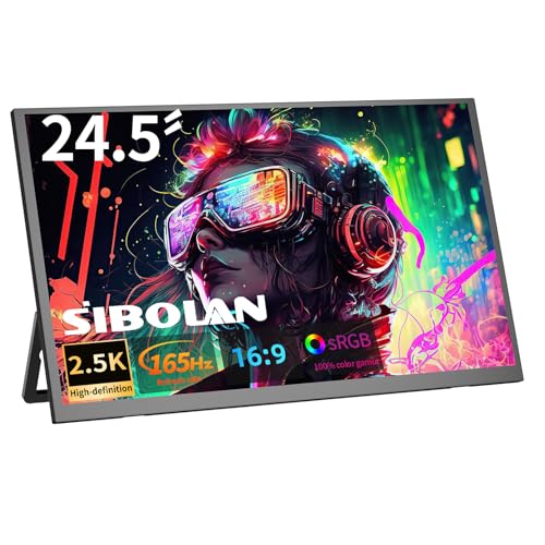 SIBOLAN 24.5インチ 2.5K ポータブルモニター、165Hzゲーミングモニター、高速応答IPS大画面、180°/VESA調整可能スタンド、USB-Cセカンドディスプレイ S3