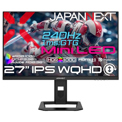 JAPANNEXT 27インチ IPSパネル搭載 Mini LEDバックライト採用 WQHD(2560x1440)解像度 ゲーミングモニター JN-IPSM27G240Q-HSP HDMI2.1 DP 1ms(GTG:OD時) sRGB:100% HDR1000相当 PS5 WQHD:120Hz接続 VRR PIP/PBP 高さ調整 ピボット(縦回転) 【2年保証】