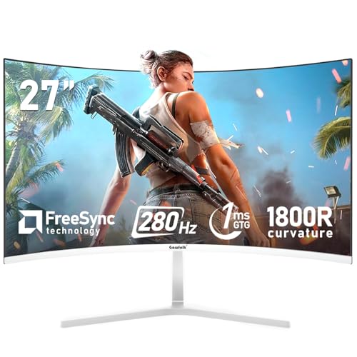 Gawfolk 27インチPCコンピュータ画面、1800Rカーブゲーミング280Hzモニター、FHD 1080p 1ms、Freesync、98%sRGB、178°アングルビューHDMI2.0、DisplayPort、壁掛け式100 x 100mmM-ホワイト GF270N