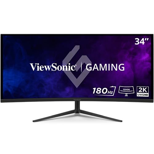 ViewSonic VX3418C-2K 34インチ ウルトラワイド QHD 1440p 湾曲ゲーミングモニター 180Hz 1ms 21:9 高度な人間工学 FreeSync Premium、HDR10、HDMI、DisplayPort入力
