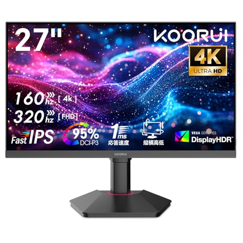 KOORUI ゲーミングモニター 27インチ 4Kモニター デュアル解像度(4K@160Hz/FHD@320Hz) ディスプレイIPSパネル 縦横回転,高さ調整/HDR 400/ブルーライト軽減/VESA対応,G2741L