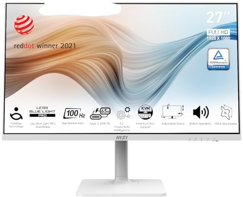 MSI モダン MD272XPW 27インチ IPS 1920 x 1080 (FHD) モニター 100Hz 適応同期 HDR対応 HDMI DisplayPort USBC 65W Power Delivery KVM VESA 高さ調節可能 スピーカー 1ms ホワイト Modern MD272XPW