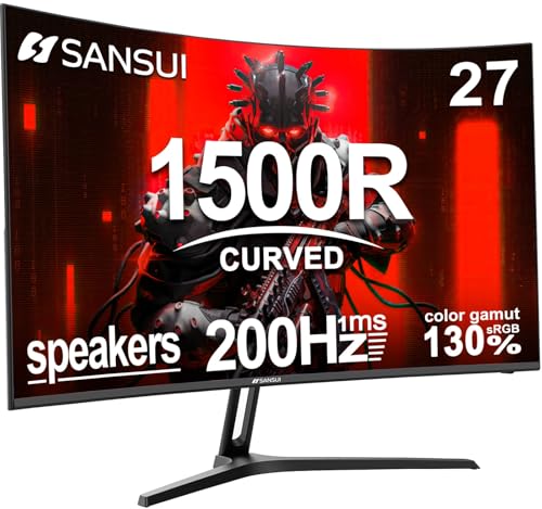 SANSUI 27インチ 曲面ゲーミングモニター 180Hz 1ms スピーカー付き FHD 1080P コンピューターモニター FreeSync|1500R|130% sRGB|HDR|低ブルーライト|HDMI DPポート|VESAマウント|メタルスタンド(ES-G27C1 HDMIケーブル付属)