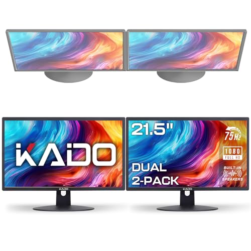 Kado デュアルモニターセットアップ - 22インチ 1920x1080 コンピューターモニター 75Hz VESA マウント HDMI オフィス ゲーミング ハイブリッド 内蔵スピーカー (E22 デュアルシリーズ) 2個パック KADO-E22XX-DUAL