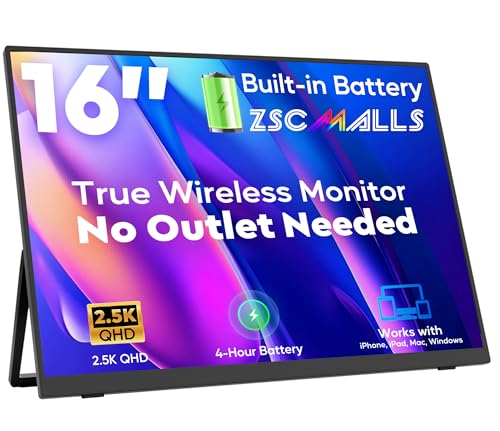 ZSCMALLS 16インチ トゥルーワイヤレスポータブルモニター 2.5K QHD (有線オプション) 内蔵8000mAh 自動回転 USB C & Mini HDMI 外部スクリーン 500ニット 125%sRGB VESA iPhone/iPad/MacBook/Windows用 W160
