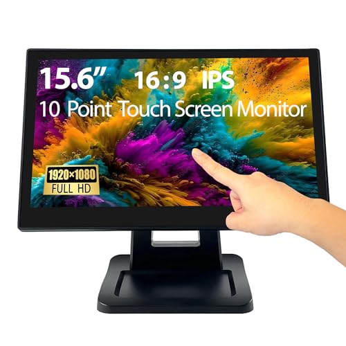 ANGEL POS 15.6インチ 1920 x 1080 FHD IPS タッチスクリーン POSモニター メタルスタンド付き 10ポイントタッチ HDMI VGA 防水防塵スクリーン 1080P インダストリアル オフィス 小売 ジム 倉庫 (ブラック) 15.6-Pro