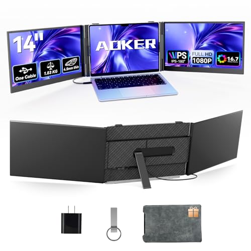 Sitrunda AOKER ワンケーブル接続 トリプルラップトップスクリーンエクステンダー - 超薄型14インチモニター IPS FHD 1080P 軽量 ポータブルディスプレイ 13インチ~17インチのノートパソコン用 Windows Mac Chrome対応 旅行用 仕事用セットアップ対応 S8Ultra