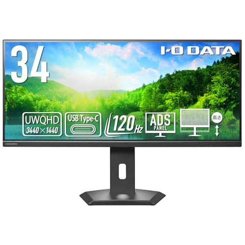 アイ・オー・データ IODATA モニター 34インチ UWQHD 21:9 超ワイド 120Hz Type-C給電 USB-C 65W ADSパネル 非光沢 ブラック 省スペース (HDMI×1/DisplayPort×1/USB-C×1/USB-A×2/有線LAN×1/高さ調整/VESA対応/土日サポート/日本メーカー) 動画 編集 ゲーム CAD 楽曲 制作 EX-CWQ341SDB-F