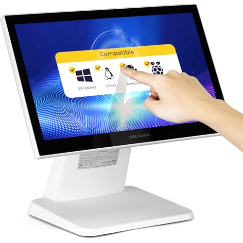 Volcora 15.6インチ ホワイト LED タッチスクリーンモニター メタルスタンド付き - バックライト 1366 x 768 VGA HDMI接続付き 小規模ビジネス、レストラン、オフィス用 - ドライバー不要 (macOS/iOSには対応していません)