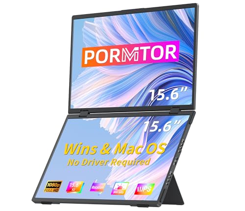 Pornitor ノートパソコン画面エクステンダー、デュアルモニター15.6インチ (ゲイン/Mac)、ポータブルデュアルモニター、スタック、USB C、旅行、トリプルモニター付き拡張コンピューターディスプレイ。
