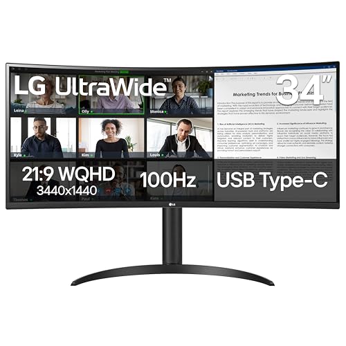 LG 34インチ UltraWide WQHD(3440×1440) カーブ パソコンモニター 100Hz 5ms HDR10 リーダーモード HDMI DisplayPort USB Type-C 傾き/高さ調節スタンド ブラック 34WR55QK-B 34WR55QK-B.AUS