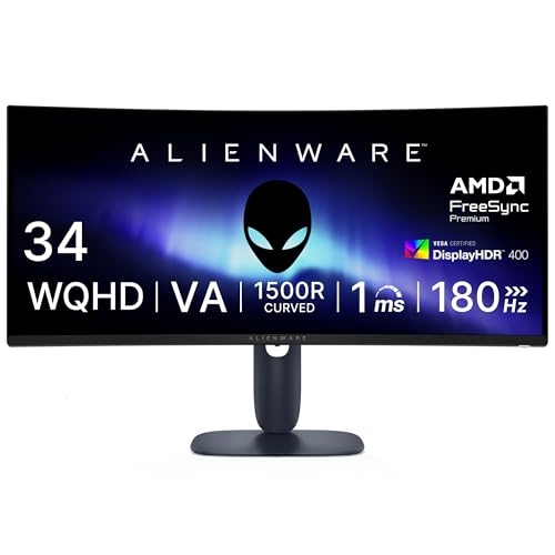 DELL 【Amazon.co.jp限定】Dell AW3425DWM-A 34インチ 曲面 Alienware ゲーミングモニター(無輝点5年保証/WQHD/VA非光沢,1500R曲面/DP1.4x1,HDMI2.1x2/DCI-P3 95%/高さ調整,傾き/1ms,180Hz/FreeSync Premium,VESA DisplayHDR 400)