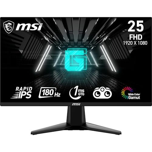 MSI G255F 25インチ 1920 x 1080 (FHD)、Rapid IPS、ゲームモニター180Hz、アダプティブ同期、1ms、HDMI、DisplayPort、VESAマウント可能、チルト。