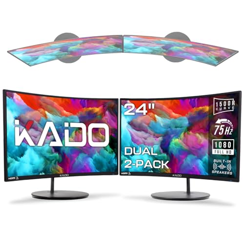 Kado デュアルモニターセットアップ - 24インチ カーブ 1500R 1920x1080 コンピューターモニター 75Hz VESA マウント HDMI オフィス ゲーミング 内蔵スピーカー 2個パック (C24 デュアルシリーズ) KADO-C24-DUAL