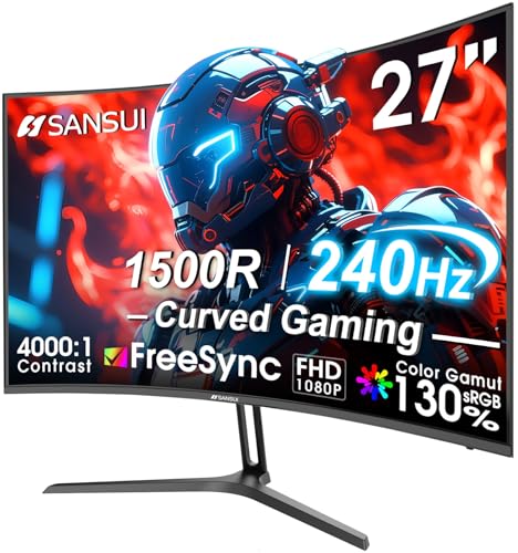 SANSUI 27インチ カーブ 240Hz ゲーミングモニター FHD 1080P 1500R カーブ コンピューターモニター 130%sRGB 4000:1コントラスト HDR FreeSync MPRT 1Ms ローブルーライト HDMI DPポート メタルスタンド DPケーブル付属 ES-G27C1 PRO
