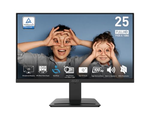 MSI PRO MP253P 24.5インチ IPS 1920 x 1080 (FHD) コンピューターモニター 100Hz 適応同期 HDMI ディスプレイポート VGAポート VESAマウント可能 傾き 高さ調整可能 スピーカー 1ms ブラック