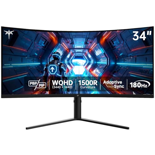 KTC 34インチ UWQHD カーブゲーミングモニター 3440x1440 ウルトラワイド PC モニター 1500R 180Hz 21:9 ディスプレイ アダプティブ同期 1ms MPRT、4000:1 コントラスト チルト/スイベル/ピボット/高さ調整 HDMI2.0 & DP1.4 H34S5