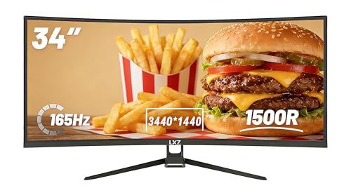 LXZ 34インチカーブコンピュータモニター、UWQHD 3440 x 1440、165Hz、1500R、フレームレスVAディスプレイ、HDMI 2.1 DP 1.4 x 2、G-Sync&Freesync付き - ブラック LX34ZC