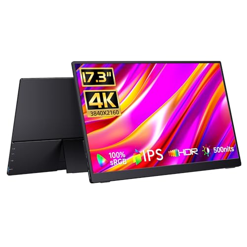 CAPERAVE 17.3" Portable Monitor 4K, 500 Nits 3840 * 2160p 100% Adobe RGB Travel Monitor with Bulit-in Kickstand & Speakers, Portable Computer Monitor, External Monitor for Laptop PC Xbox Switch PS4/5 CU17