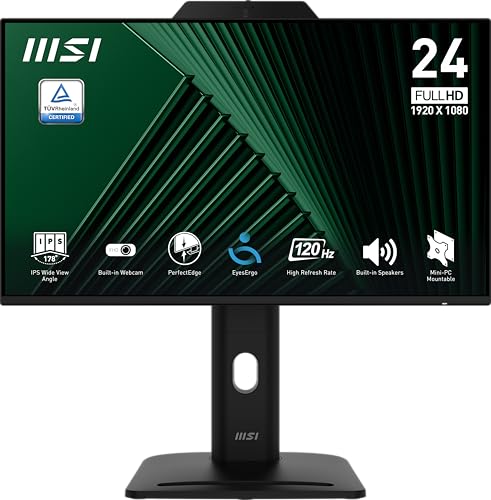 MSI PRO MP242PMG 24インチ IPS 1920 x 1080 (FHD) コンピューターモニター、120Hz、ウェブカメラ、アダプティブ同期、EPEAT Silver、HDMI、DisplayPort、VGAポート、VESAマウント可能、チルト、高さ調節可能、スピーカー、1ms、ブラック
