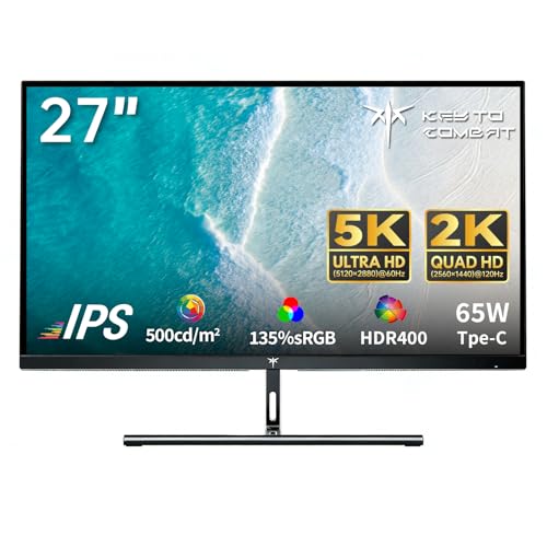 KTC KEY TO COMBAT 27インチ モニター 5120*2880@60HZ/2560*1440@120Hz(デュアルモード切替) IPSル 500cd/m² HDR400 2000:1コントラスト比 135%sRGB色域 Adaptive Sync フレームレス HDMI2.0×1 DP 1.4×1 65W Type-C×1 チルト可能 VESA 三年保証付き KTC モニターH27P3
