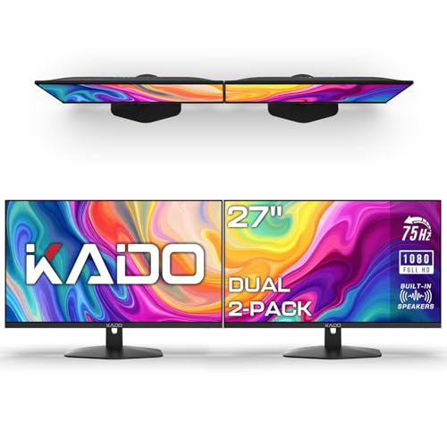 Kado デュアルモニターセットアップ - 27インチ 1920x1080 コンピューターモニター 75Hz VESA マウント HDMI オフィス ゲーミング 内蔵スピーカー (E27 デュアルシリーズ) 2個パック KADO-E27-DUAL