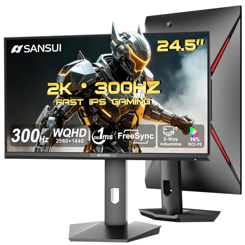 SANSUI 24.5インチ QHD ゲーミングモニター 300Hz 1ms Fast IPS コンピューターモニター HDMI 2.1 + DP 1.4ポート 2倍 sRGB アイケア VESAサポート (DP ケーブル付属 ES-G25F6Q Pro)