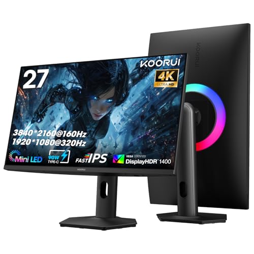 KOORUI Mini LED ゲーミングモニター 27インチ 4K UHD Dual Mode 160Hz/320Hz Fast IPS 1152ゾーン HDR1400 量子ドット Adaptive Sync HDMI2.1 DP1.4 Type-C 90W USBハブ PS5対応 高さ調整 ピボット対応 非光沢 KR-S2741LM