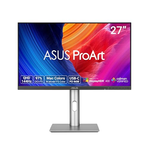ASUS ProArt Display PA278CGRV モニター – 27インチ、IPS、144Hz、QHD(2560 x 1440)、97% DCI-P3、ΔE < 2、Calman検証済み、USB-C PD 96W、ライトシンク、自動KVM、人間工学スタンド、VESA DisplayHDR 400、 3年保証