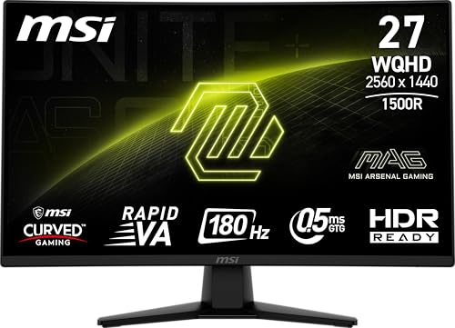 MSI MAG 274CQF 27インチ 2560 x 1440 (QHD) 曲面モニター 180Hz HDMI DisplayPort VGAポート VESAマウント可能 チルト スピーカー スリムベゼル 0.5ms ブラック