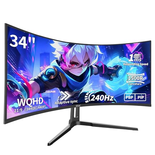 ZZA 34インチ 曲面ゲーミングモニター 3440x1440 UltraWide WQHD 240Hz 1ms アダプティブ同期 HDRディスプレイ 1500R ベゼルフリーデザイン アイケア VESAマウント ゲーム/仕事/ストリーミング/コーディング/ホームオフィス用 Z34F