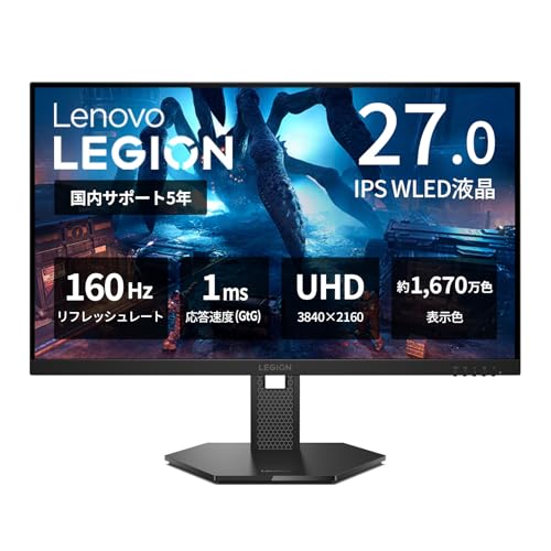 Lenovo ゲーミングモニター Legion 27U-15 27インチ/デュアル解像度(フルHD/4K)/Fast IPSパネル/320Hz(フルHD),160Hz(4K)/1ms(GtG)/HDMI2.1x2, DP1.4x1/HDR10/DCI-P3 95%/NVIDIA® G-SYNC® Compatible/縦横回転,高さ調整/日本国内5年保証 67EBGAC1JP