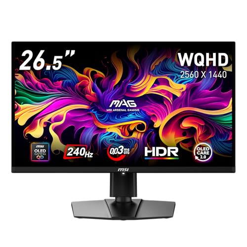 MSI 【Amazon.co.jp限定】MSI QD-有機EL ゲーミングモニター MAG 272QP QD-OLED X24 26.5インチ/WQHD/QD-OLEDパネル/240Hz/0.03ms（GTG）/ハードウェアブルーライトカット/HDR/AIビジョン/HDMI2.1/DP 1.4a/縦横回転・高さ調整/ピボット/メーカー3年保証