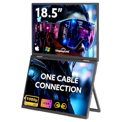 GWSGUT 18.5インチデュアルポータブルモニター、ケーブル接続1本、FHD 1080P 100Hz Type-C USB-A HDMI、折りたたみ式スタックトリプルモニター内蔵スタンドスピーカー、ノートパソコン、デスクトップ、Windows Mac用(ドライバーが必要) G185D