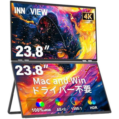 InnoView 23.8インチ 4K デュアル モバイルモニター 3840x2160P モバイルモニター2画面 100% sRGB デュアルモニター 折りたたみ式デュアルディスプレイ ドライバー不要 モバイルディスプレイ 自動回転315° フル機能Type-C/DP/標準HDMI IPSパネル 壁掛けに対応 自立スタンド付き PM609-02B