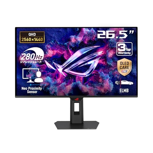 ASUS 【Amazon.co.jp限定】 ASUSゲーミングモニター/ROG Strix OLED XG27ACDMS/26.5インチ/1440p/量子ドット有機ELパネル/280 Hz/0.03 ms/カスタムヒートシンク/Neo Proximity Sensor/ASUS OLED Care Pro/均一輝度/G-SYNC対応/99% DCI-P3/DisplayWidget Center/国内正規品