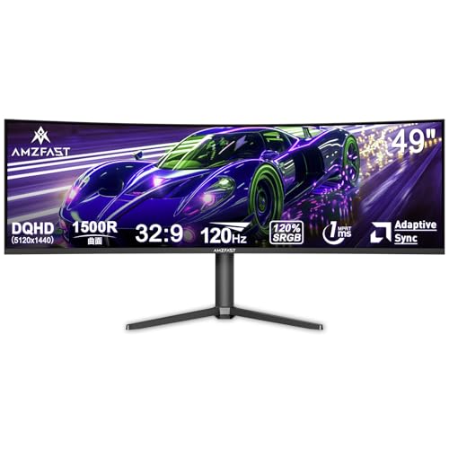 Amzfast 49インチ ゲーミングモニター 120Hz 曲面ウルトラワイド DQHD 5120x1440 /120%sRGB/3000:1コントラスト/1msMPRT/高さ調整/HDR/Adaptive Sync/フリッカー防止/PIP PBP機能/ブルーライト低減/DP1.4 *2/HDMI 2.0*2/75x75 VESA/ 5年保証 AMZG49C7U