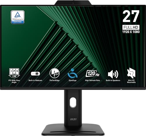 MSI PRO MP272PMG 24インチ IPS 1920 x 1080 (FHD) コンピューターモニター、120Hz、ウェブカメラ、アダプティブ同期、EPEAT Silver、HDMI、DisplayPort、VGAポート、VESAマウント可能、チルト、高さ調節可能、スピーカー、1ms、ブラック