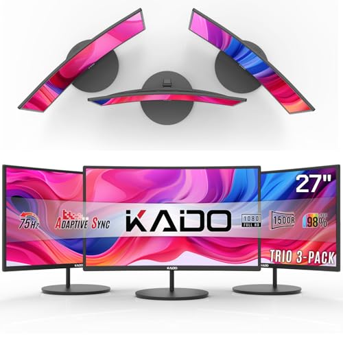 Kado トリプルモニターセットアップ - 3パック 27インチ 1920x1080 曲面コンピュータモニター 1500R 75Hz VESA マウント HDMI オフィス ゲーミング ハイブリッド Sim Racing 内蔵スピーカー (C27 トリオシリーズ) KADO-C27-TRIPLE