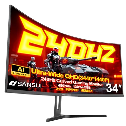 SANSUI 34インチ 240Hz ウルトラワイドカーブゲーミングモニター UWQHD 3440×1440、21:9 2K カーブモニター 1500R、HDR400、Fast VA、PIP/PBP、AI十字線、AIPQ(ビジュアルエンハンス)、MPRT 1ms、HDMI2.1*2、DP1.4*2(D)。 Pケーブル込み) ES-G34C5 PRO