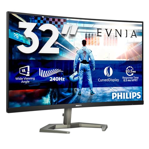 PHILIPS Evnia 32M1C5200W - 32 Inch FHD Curved Gaming Monitor, 240Hz, 0.5ms, VA, Low Input Lag, Height Adjust, Smart Image (1920 x 1080, 300 cd/m², HDMI 2.0 / DisplayPort 1.4) 32M1C5200W/00