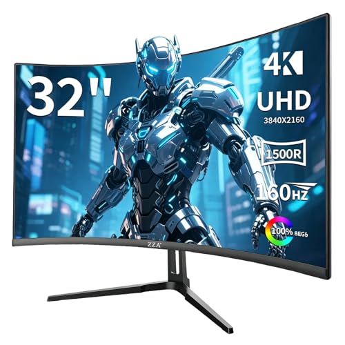 ZZA 32インチ ゲーミングモニター 160HZ、カーブモニター 4k UHD (3840 x 2160P) VAスクリーン 1500Rカーブ、コンピューターモニター AMD Freesync対応 120%sRGB、壁取り付け可能内蔵 (HDMI 2.1/DP 1.4) Z32K