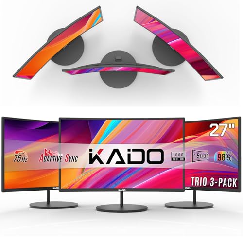 Kado トリプルモニターセットアップ - 3パック 27インチ カーブ 1920x1080 コンピューターモニター 1500R 75Hz VESA マウント HDMI オフィス ゲーミング ハイブリッド 内蔵スピーカー (C27X トリオシリーズ) KADO-C27X-TRIPLE