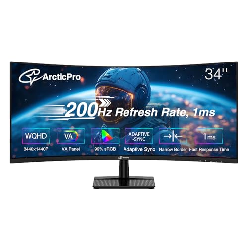 ArcticPro 34インチ 200Hz 曲面ゲーミングモニター WQHD 3440*1440p 応答時間1ms 適応同期 3000:1コントラスト 3面フレームレス ウルトラスリム 120%sRGB ブルーライトフィルター HDMI(TMDS)& DPポート ブラック AD34EQ3C