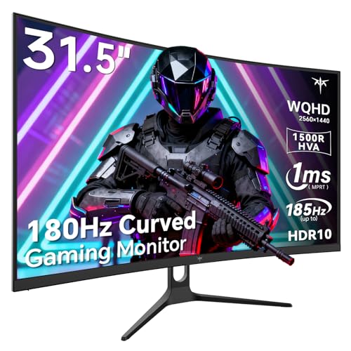 KTC 32インチ湾曲ゲーミングモニター、2K 180Hzコンピューターモニター、最大185Hz、QHD 1500R PCモニター1ms、アダプティブ同期、DisplayPort/HDMI/USB、VESAウォールマウント、チルト調節可能、H32S5