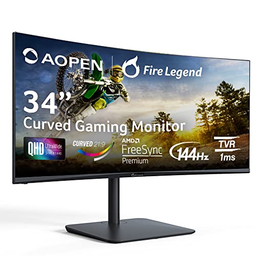 AOpen 34HC5CUR Pbmiiphx 34" 1500R Curved Zero-Frame UWQHD (3440 x 1440) VA Gaming Monitor AMD FreeSync Premium Technology Up to 144Hz 1ms 21:9 2 x HDMI 2.0 Ports & 1 x Display Port 1.4, Black UM.CW5AA.P02