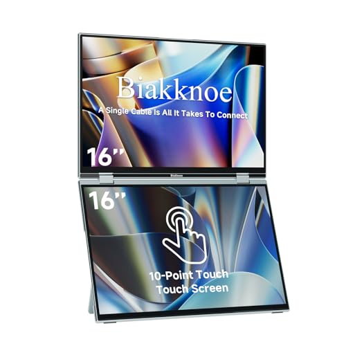 Biakknoe 16インチ ポータブル デュアルモニター タッチスクリーン 1920x1200 FHD ノートパソコン画面エクステンダー USB-C/HDMI付き プラグアンドプレイ 折りたたみ式ポータブルモニター ノートパソコン/Mac/PC/電話/Windows用 VESAマウント可能 U16 Pro