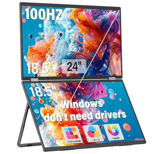 InnoView 18.5インチ 100Hz デュアルポータブルモニター 内蔵スピーカー 115% sRGB 315°調節可能 デュアルスタック折りたたみモニター (Wins/Mac) 1080P ノートパソコン用スクリーンエクステンダー (ドライバー不要) INVPM509-02B